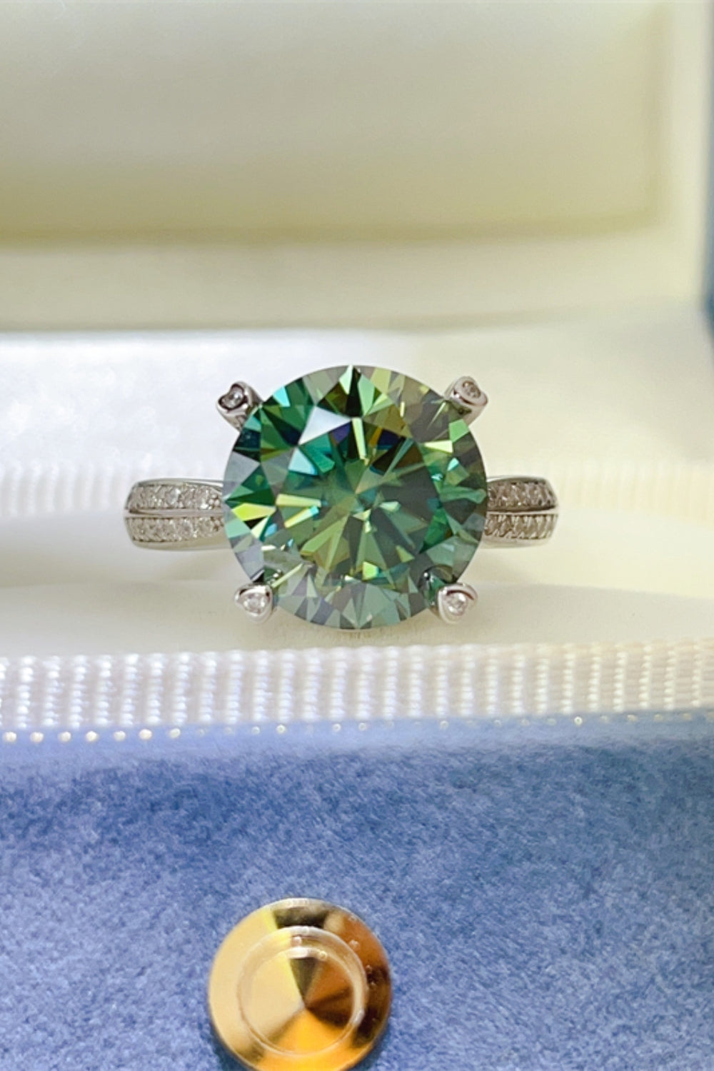 gold and silver rings unique engagement rings 5 Carat Moissanite 925 Sterling Silver Ring in Dark Green, size 5, 6, 7, 8, 9, shown in close-up highlighting gemstone detail