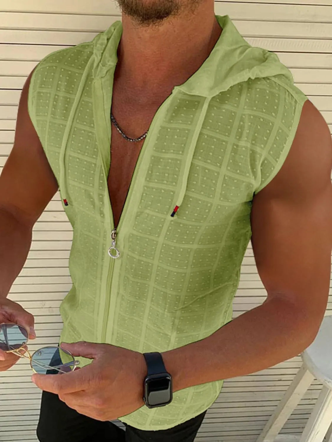Men's Full Size Zip Up Sleeveless Hooded Top Plus Size Matcha Green