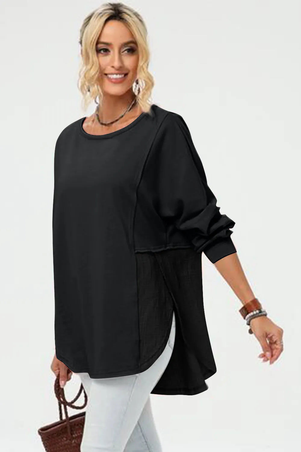 Double Take Full Size Long Sleeve High-Low T-Shirt Black