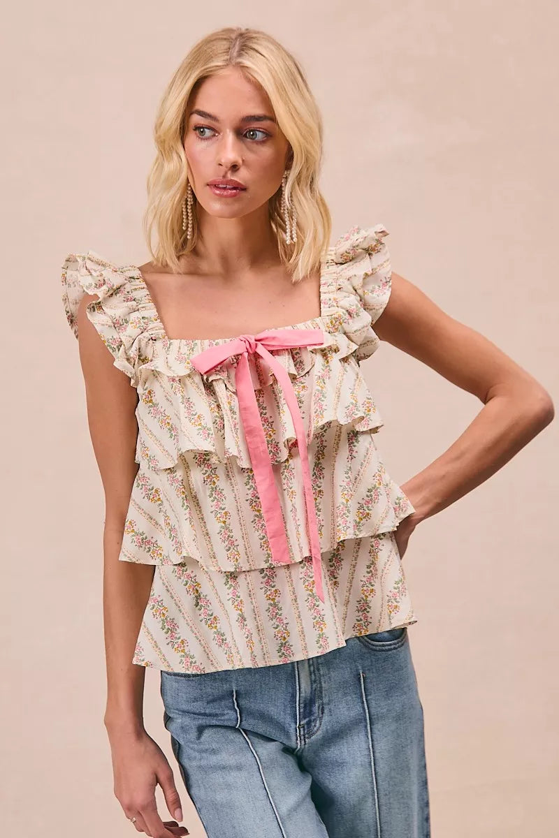 women's bibi floral printed woven front bow tied ruffled square neck sleeveless top - extra view