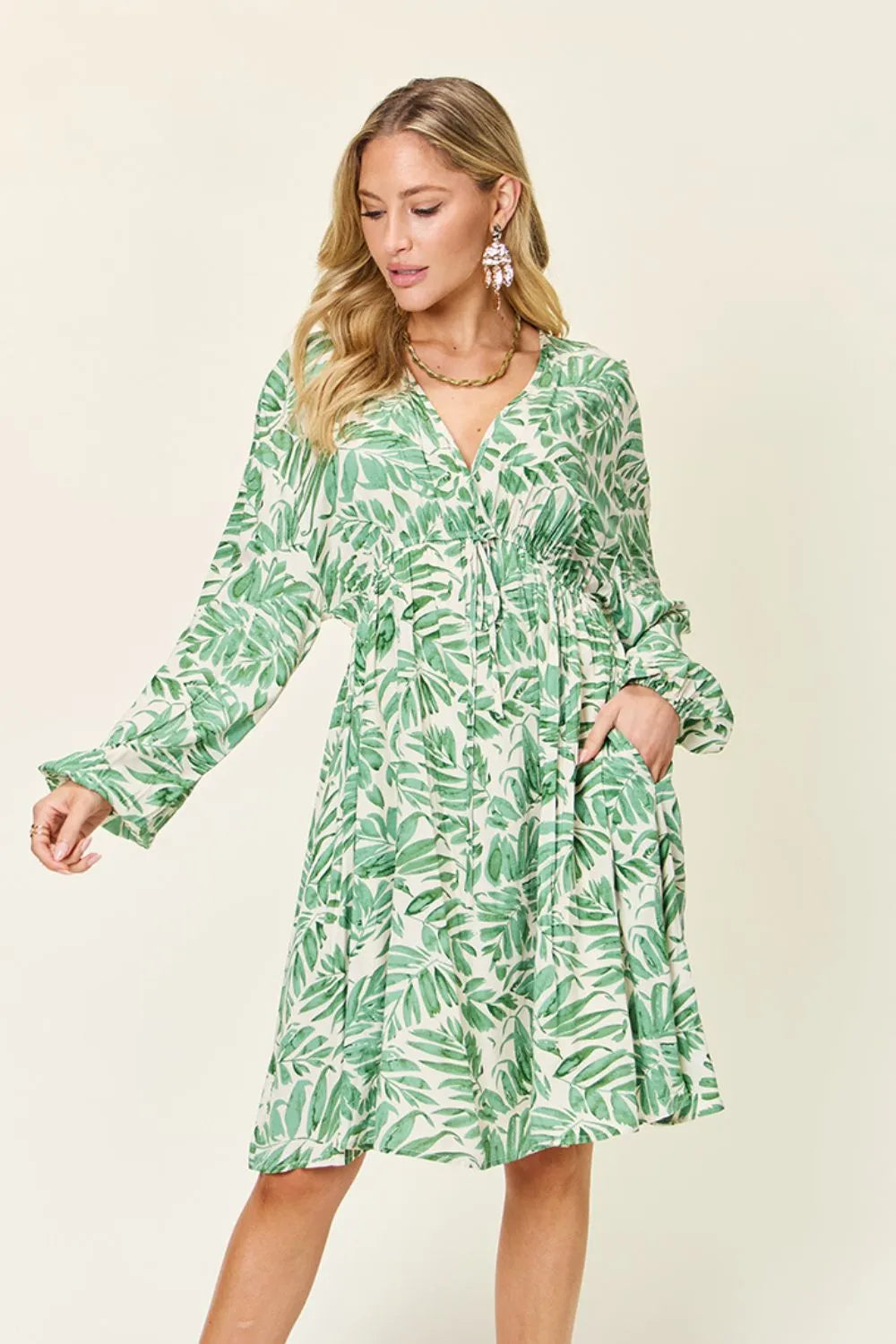 Double Take Full Size Printed Ruched Balloon Sleeve Dress Light Green