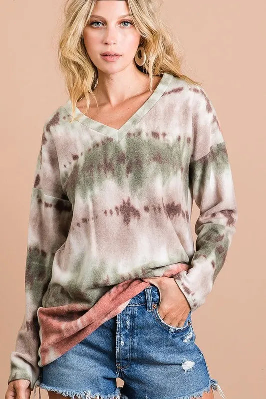 women's bibi brushed tie dye looking print v neck top - additional image