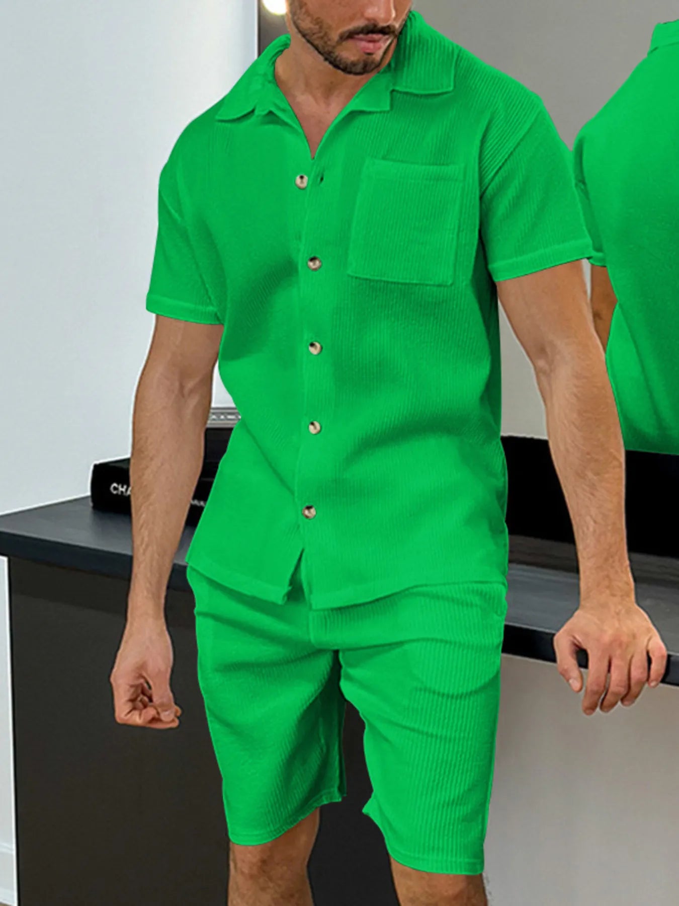 men's men's full size button up top and shorts set plus size - back view
