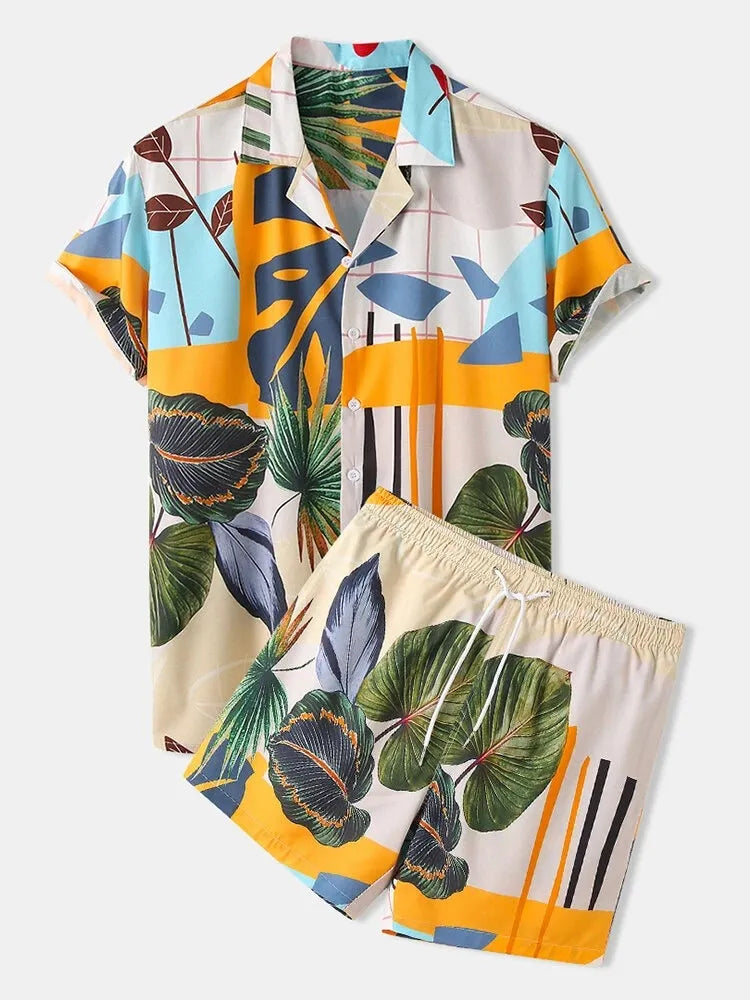 men's men's full size printed short sleeve shirt and shorts set plus size - front view
