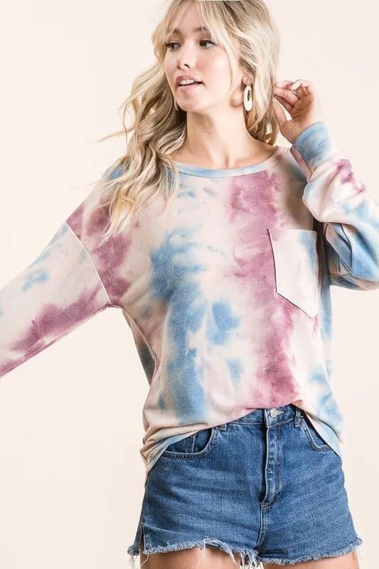 women's bibi tie dye print terry top with front patch pocket - additional image