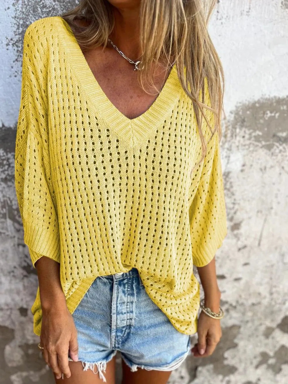Full Size Openwork V-Neck Knit Cover Up Plus Size Yellow