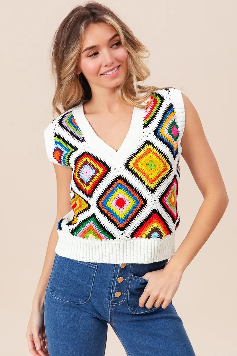 bibi diamond granny square sweater vest shown as women’s sweater