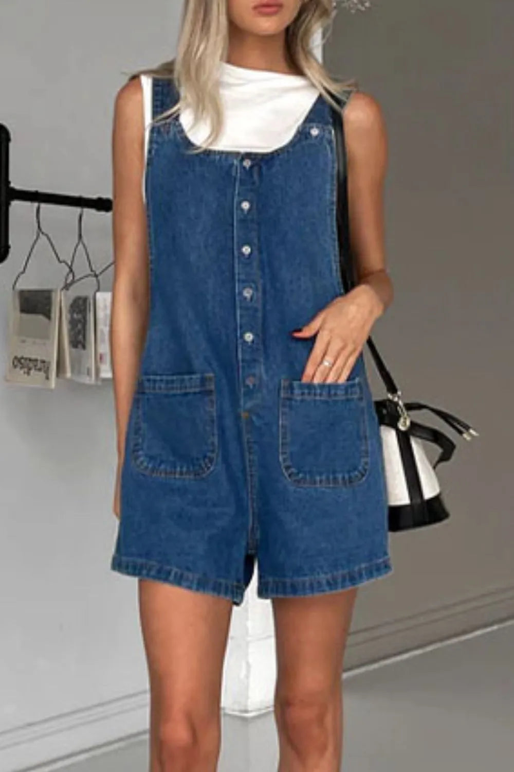 Button Front Denim Overall Shorts with Front Pockets