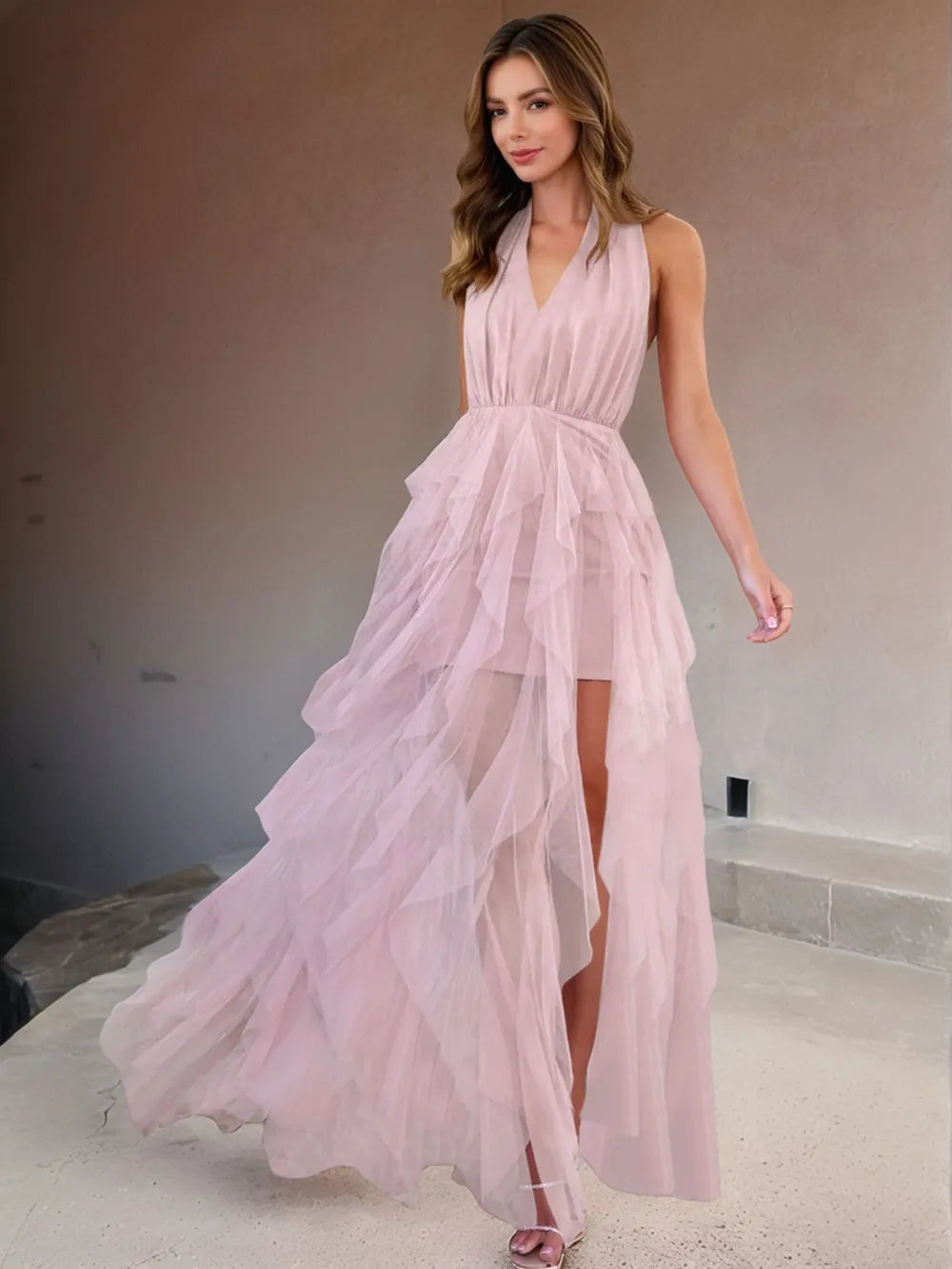 Halter Neck Irregular Mesh Dress Blush Pink