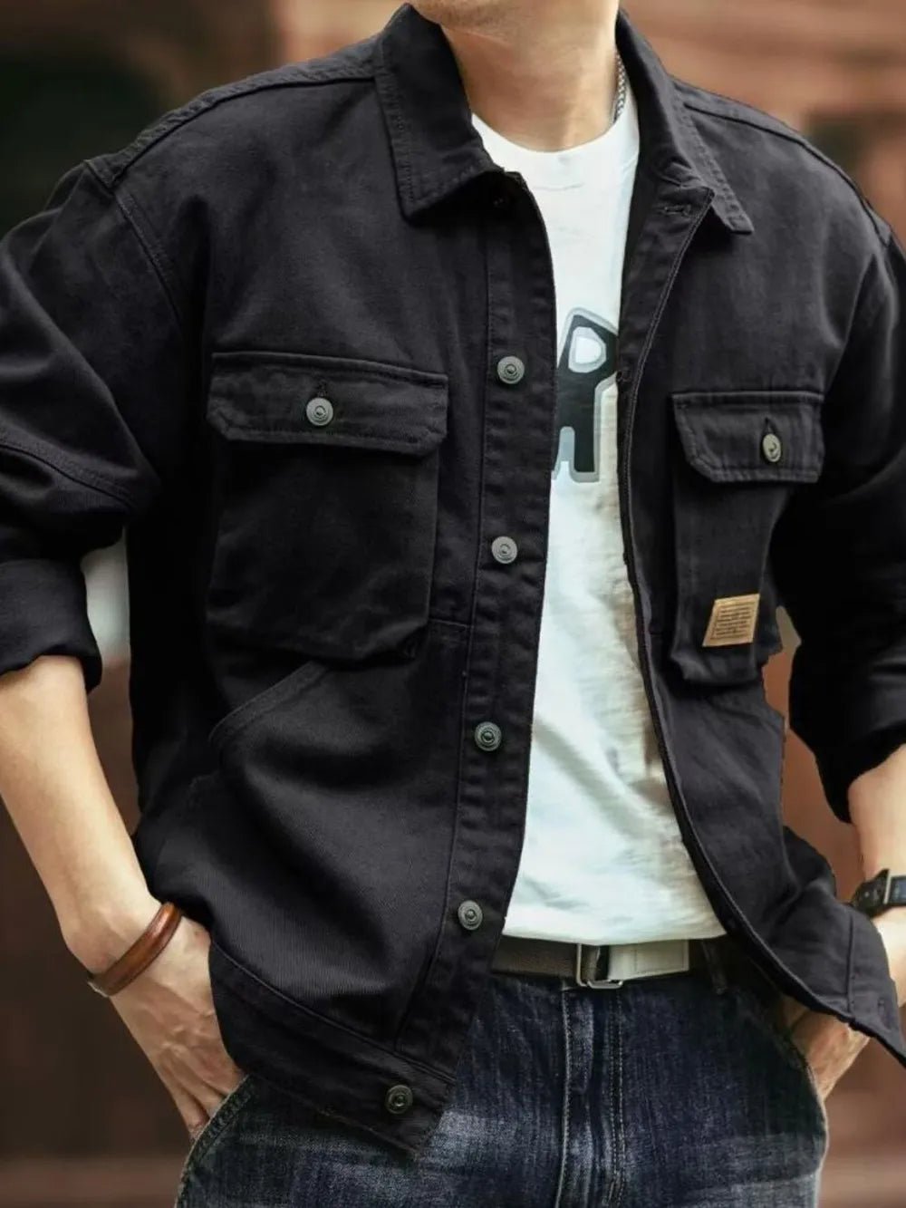 Men's Washed Collared Neck Cargo Jacket Black