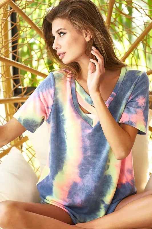 women's bibi tie dye terry v neck top with double strap - styling option