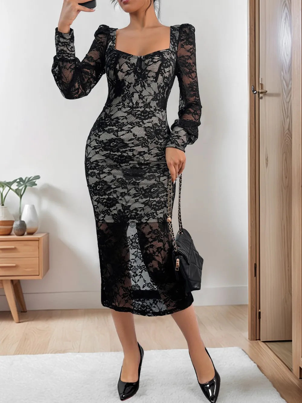 perfee lace sweetheart neck long sleeve midi dress shown as women’s dress