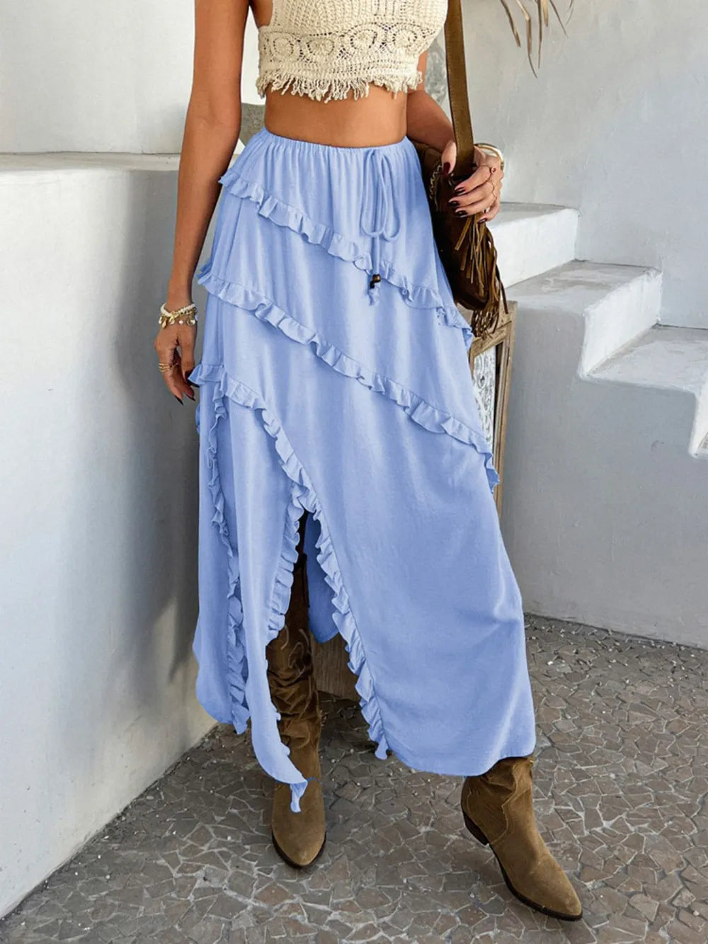 Devine Slit Drawstring Ruffled Skirt Light Blue