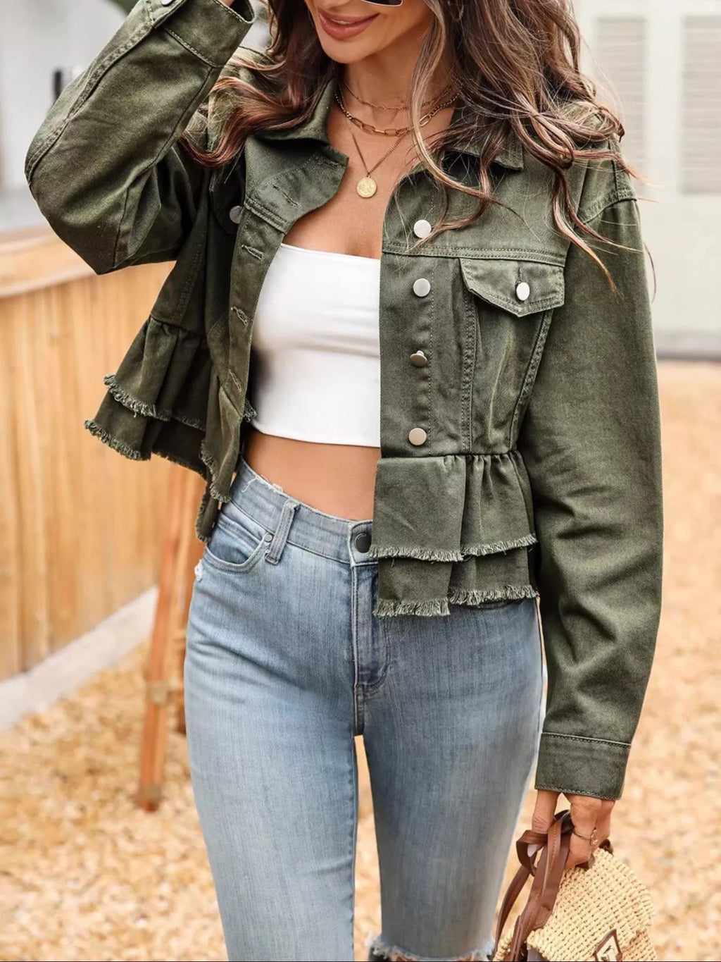 women's ruffle raw hem denim jacket - additional angle