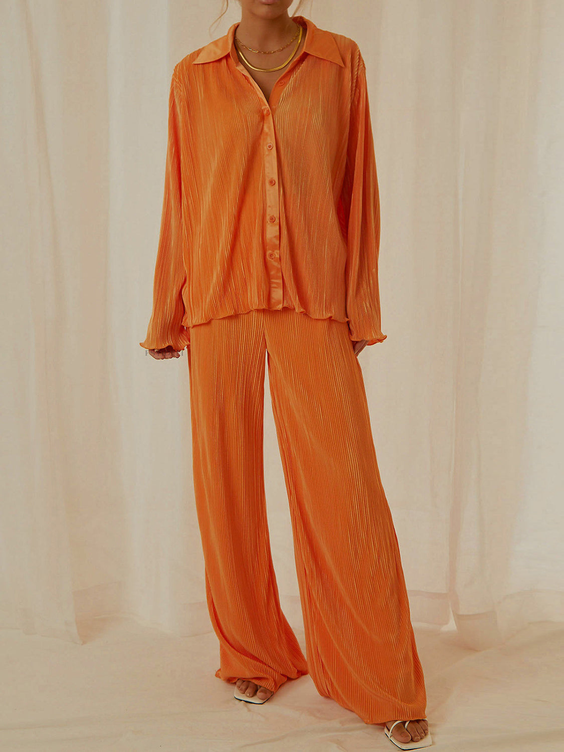 Collared Neck Long Sleeve Top and Pants Lounge Set Orange