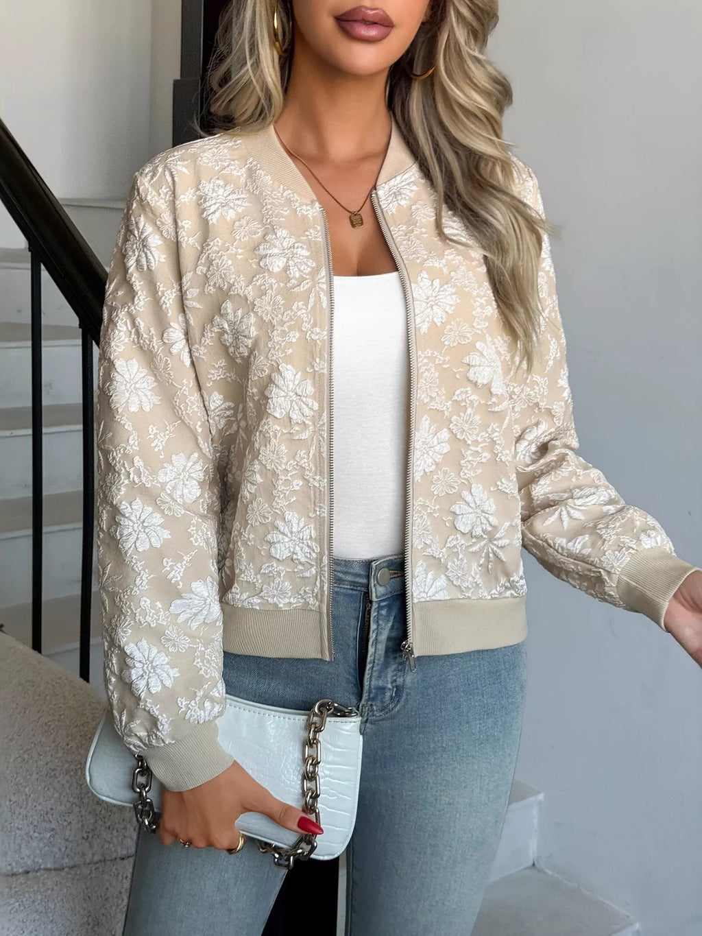 women's floral lightweight zip up jacket - close-up detail
