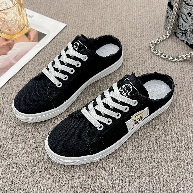 Frayed Hem Lace Up Canvas Sneakers Black