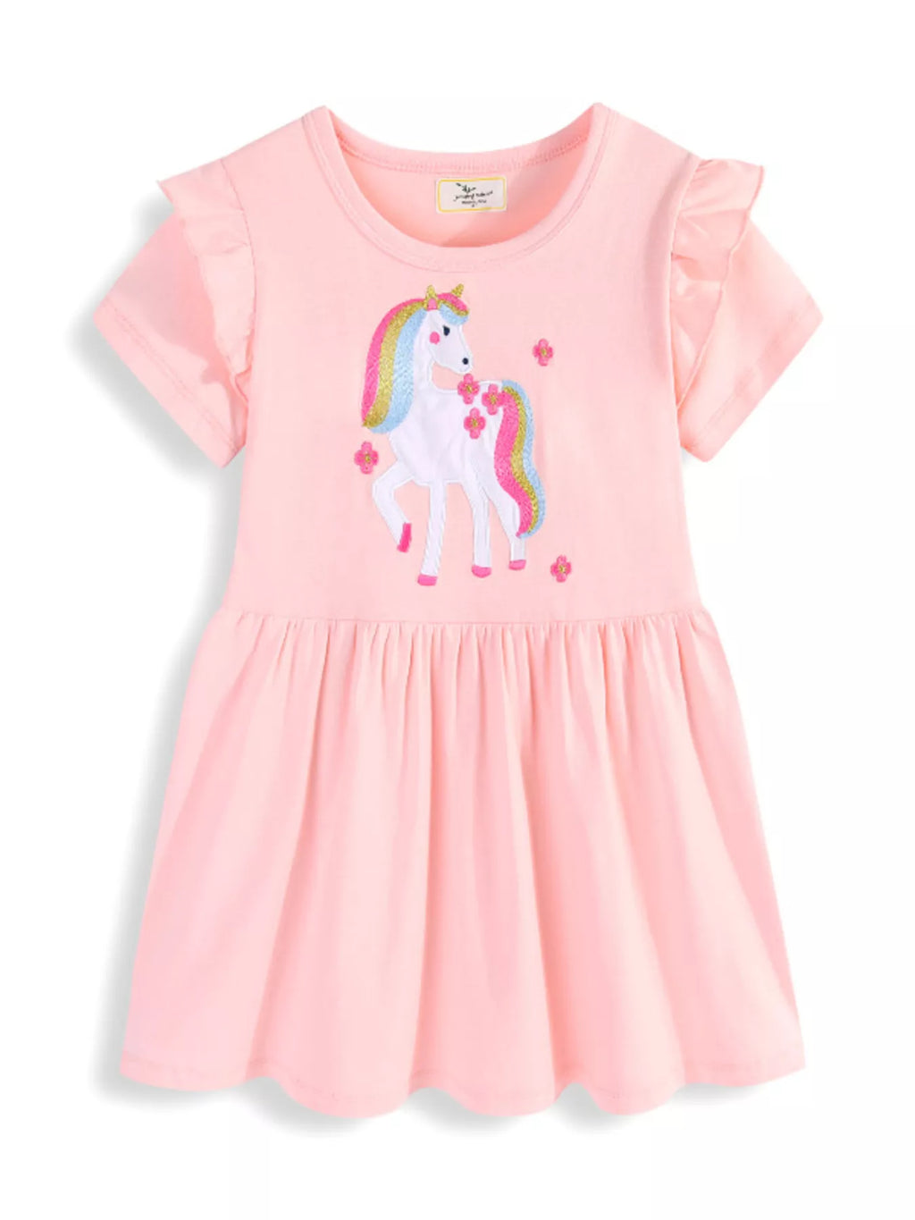 women's children's cute unicorn applique ruffle sleeve dress - alternate angle