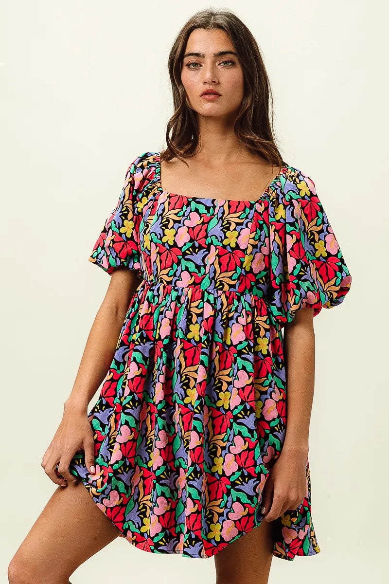 bibi floral print puff square neck dress shown as women’s outerwear
