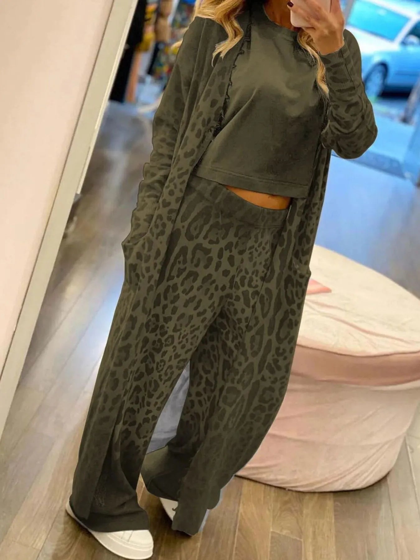 Long Sleeve Longline Outerwear and Pants Set Green