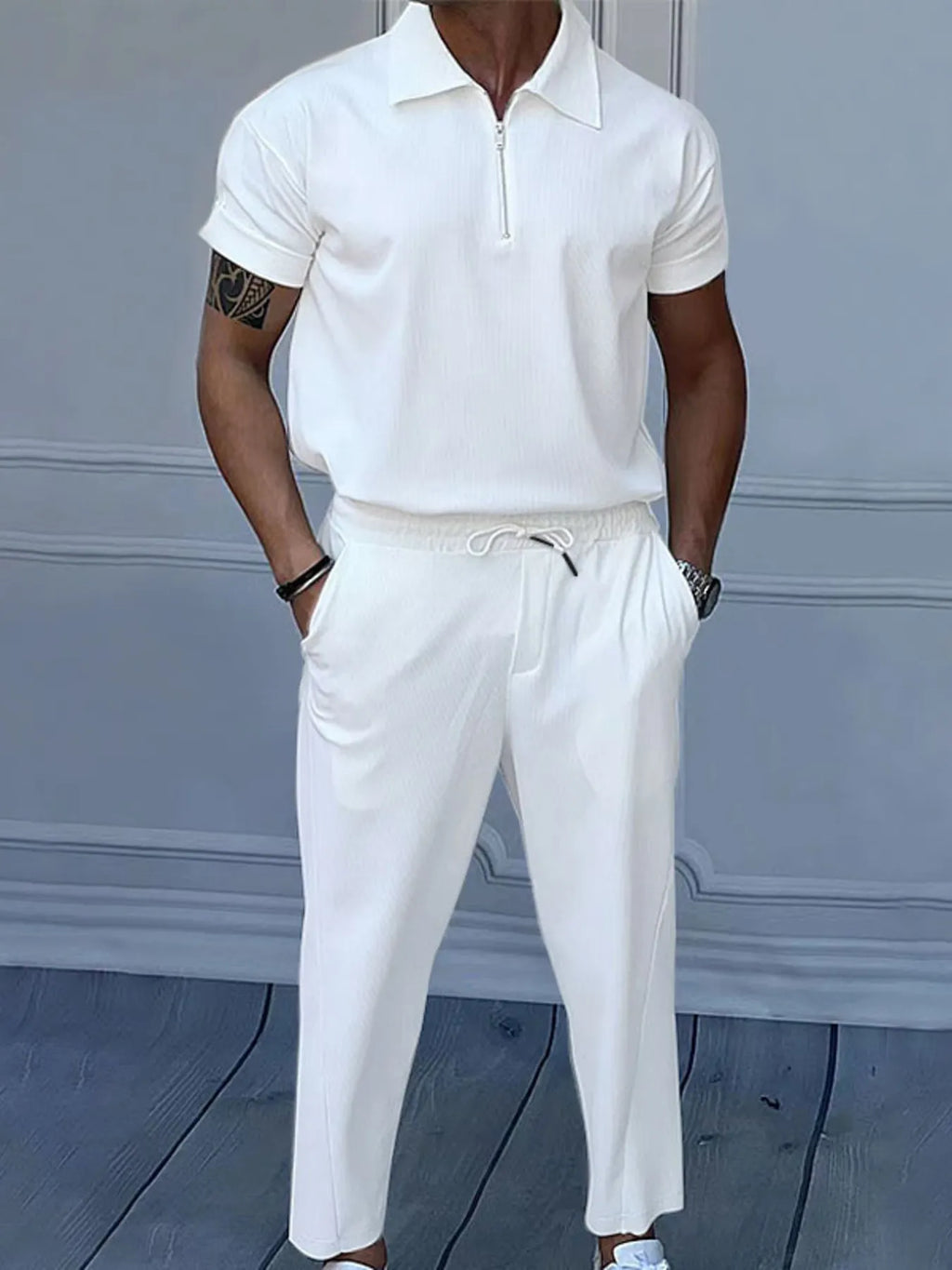 men's men's full size quarter zip short sleeve polo and pants set plus size - additional image
