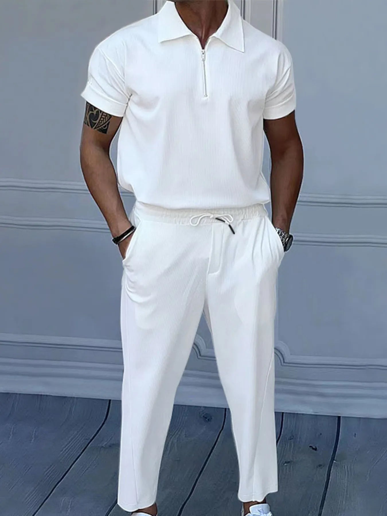 men's men's full size quarter zip short sleeve polo and pants set plus size - additional image