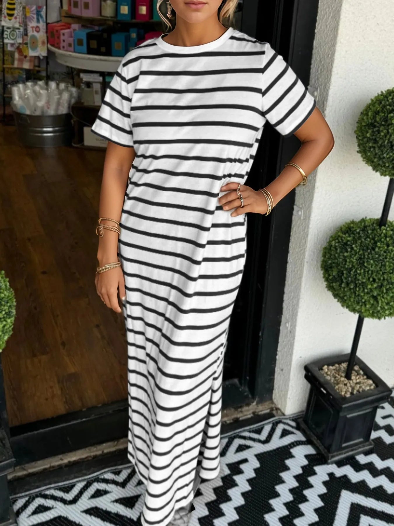Full Size Striped T-Shirt Maxi Dress with Side Slit Plus Size Black