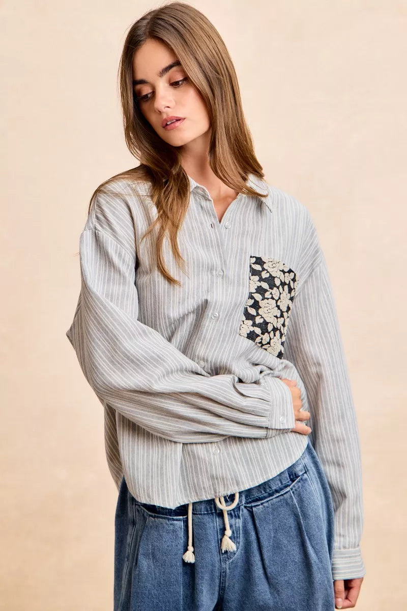 women's bibi flower jacquard knit patch pocket stripe shirt - product detail