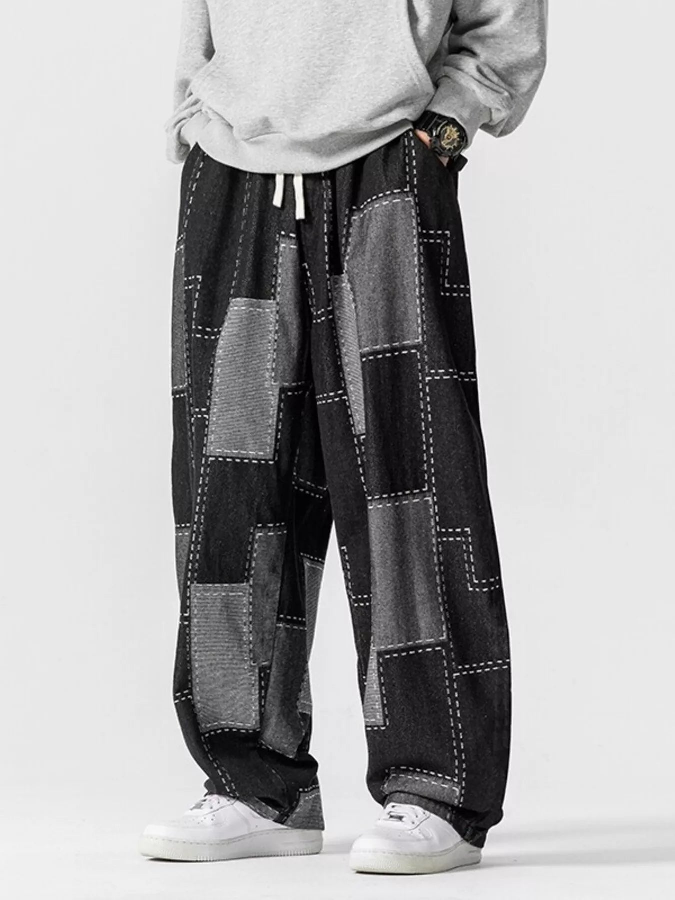 men's men's plus size patchwork wide leg jeans - additional image