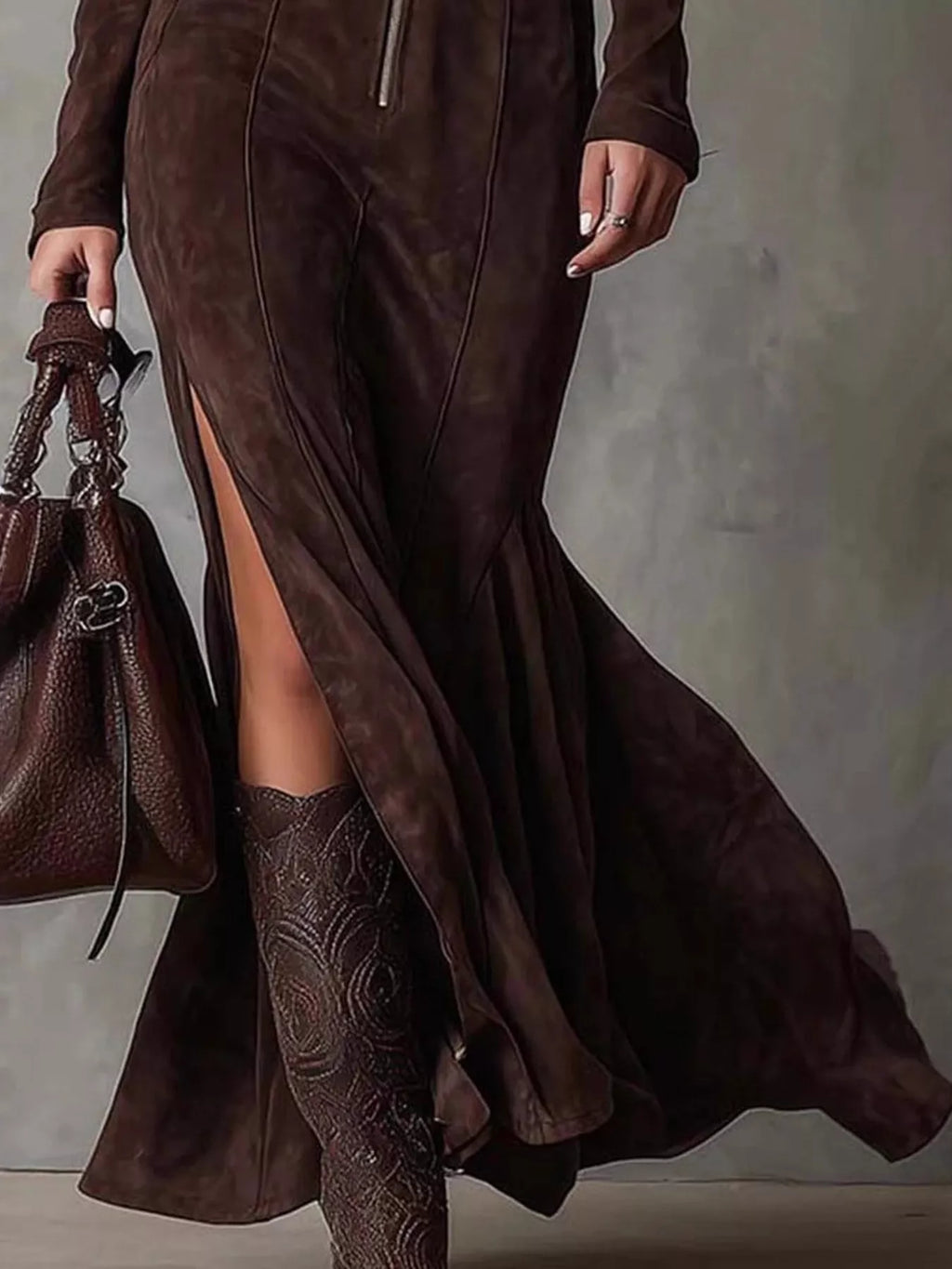 women's full size zipper front long sleeve slit maxi dress plus size - close-up detail