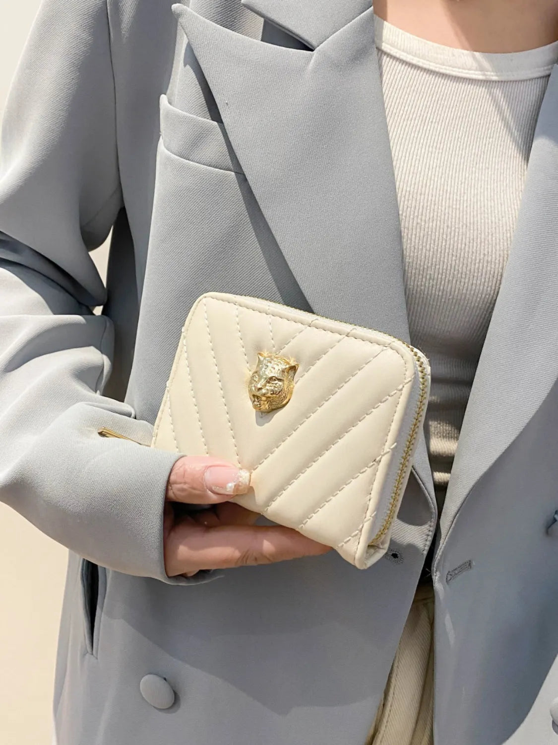 PU leather Solid Color Wallet Ivory One Size
