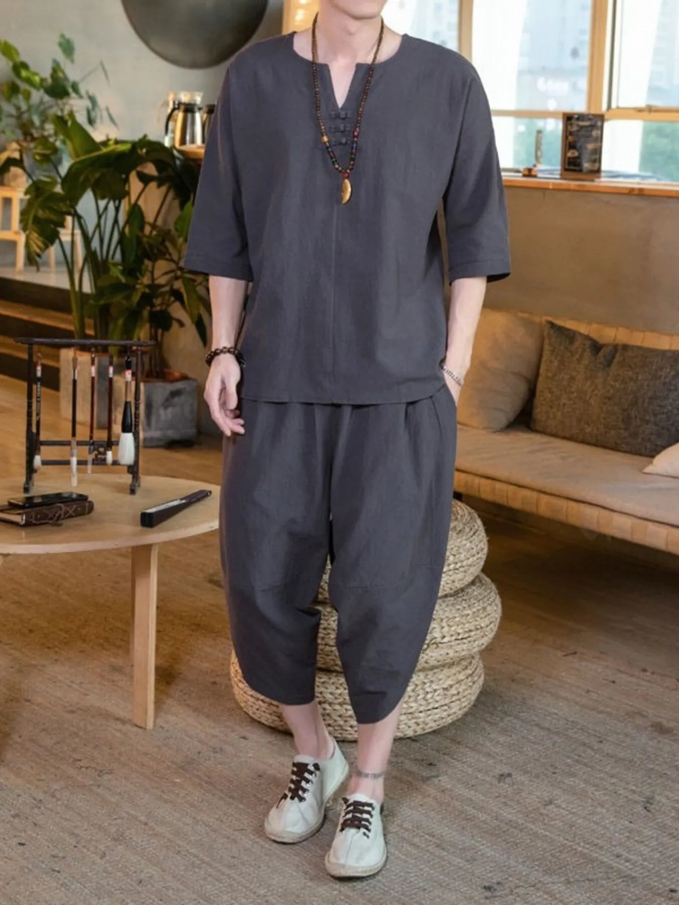 men's men's plus size notched half sleeve top and cropped pants set - product detail