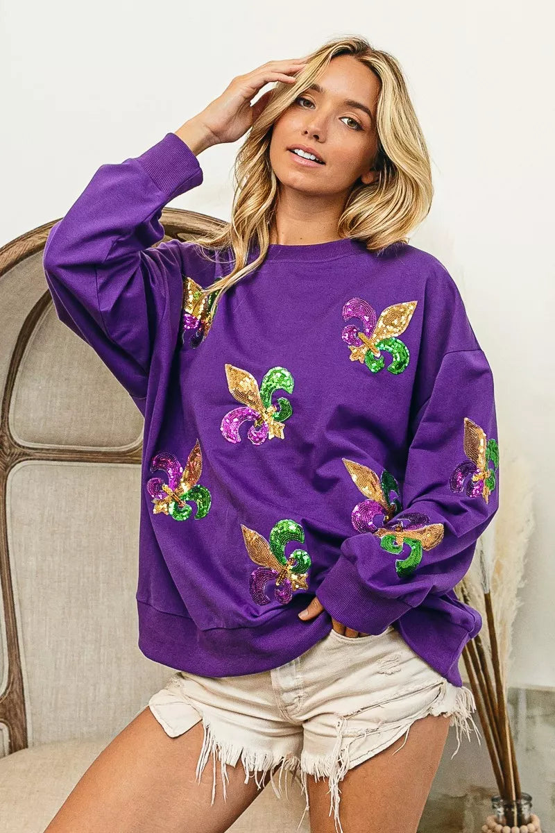 women's bibi fleur de lis sequin patches mardi gras sweatshirt - main product image