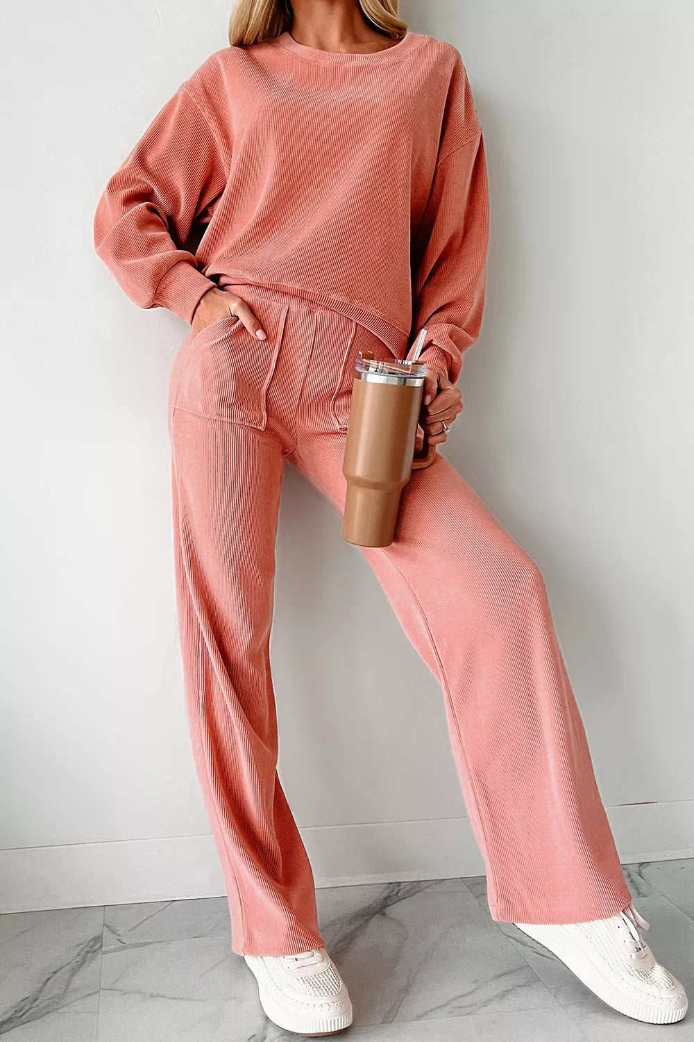 women's ribbed round neck top and pants set - product detail