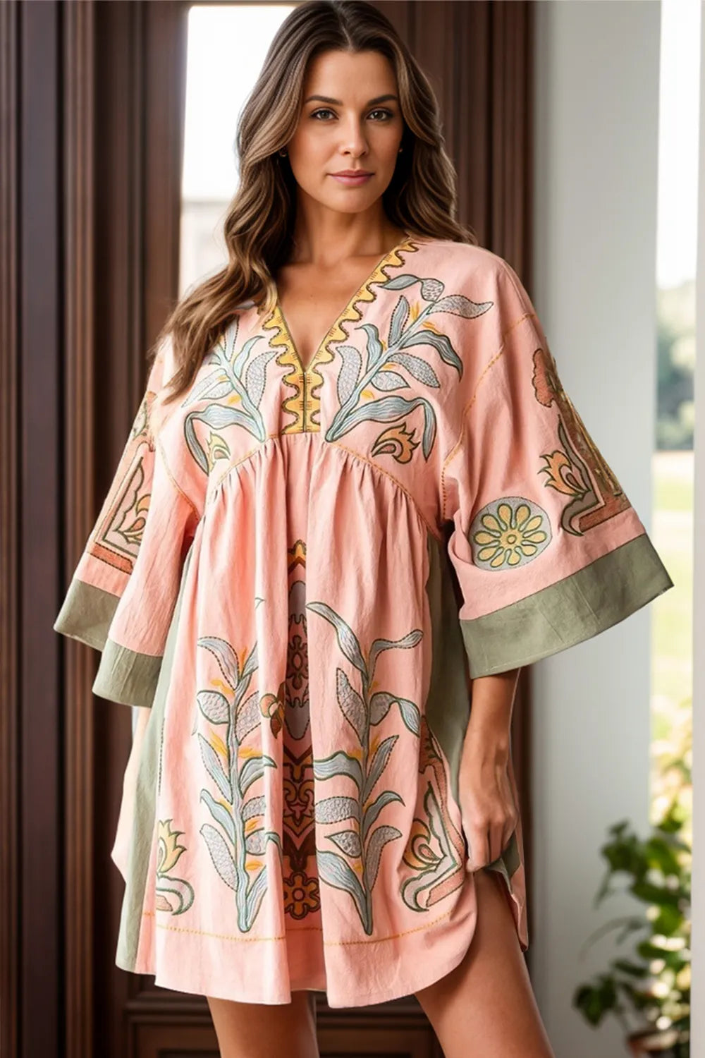 Printed V-Neck Three-Quarter Sleeve Mini Dress Pale Blush