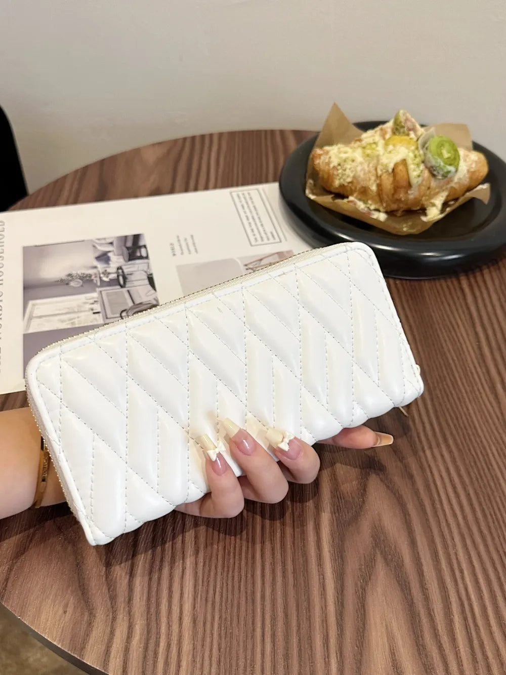 PU Leather Solid Color Wallet White Rhombus One Size