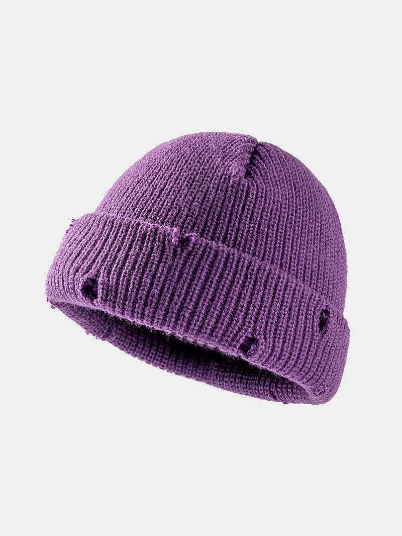 Distressed Cuffed Knit Hat Purple One Size