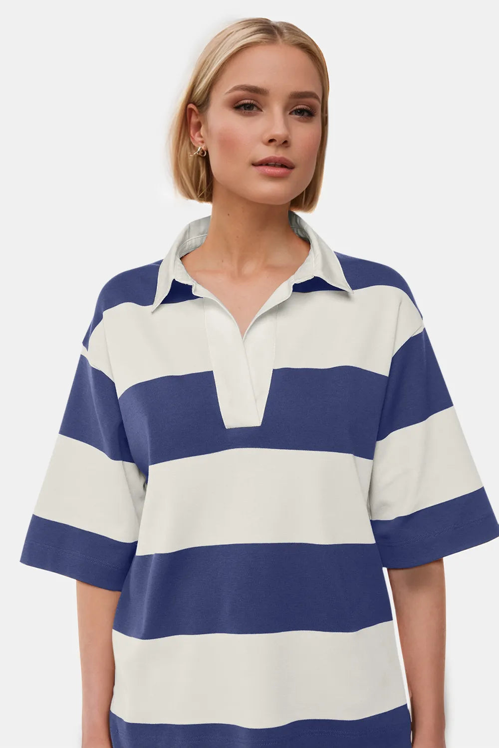 Oh Pima Cotton Wash Color Block Johnny Collar Half Sleeve Top Dusty Blue