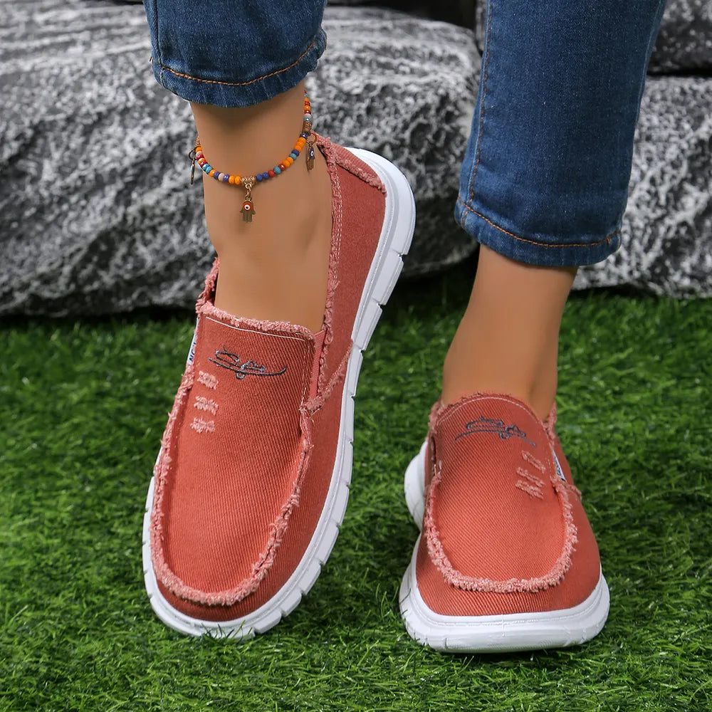 Raw Edge Round Toe Embroidery Flat Slip-Ons Orange