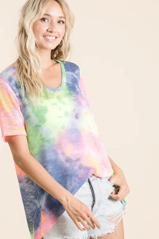 women's bibi tie dye print low gauge deep u neck top - product detail