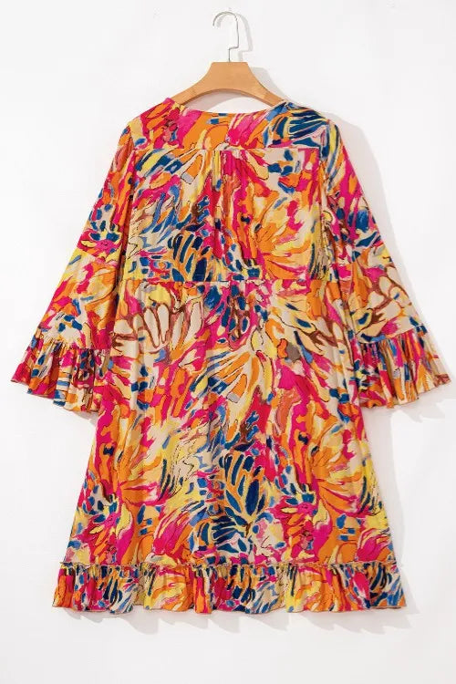 Printed Flare Sleeve Ruffled Hem Dress