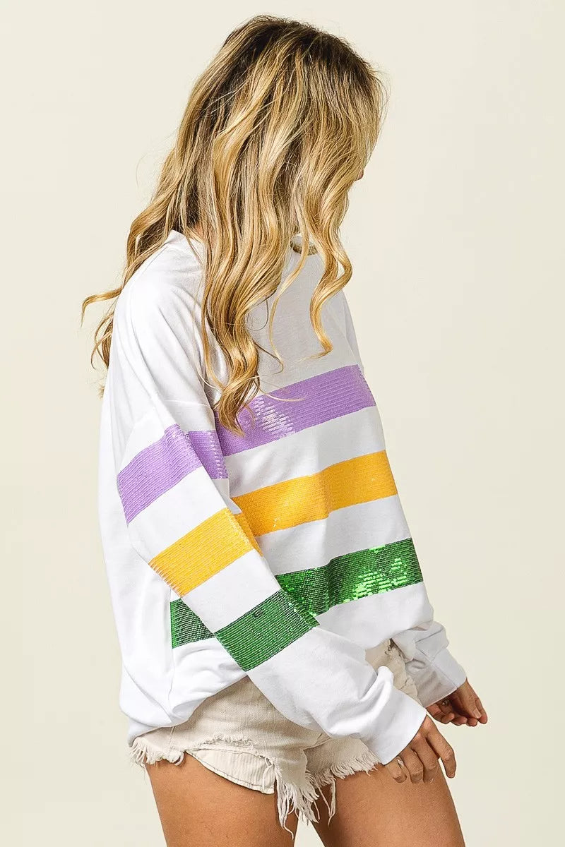 women's bibi sequin mardi gras striped round neck sweatshirt - product detail