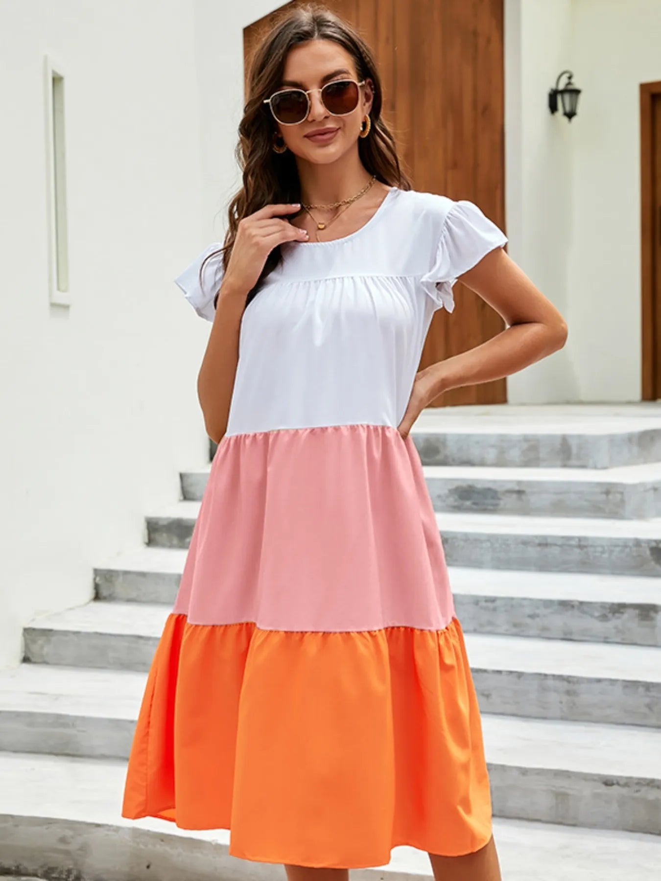 Plus Size Color Block Tiered Ruffle Summer Dress Orange