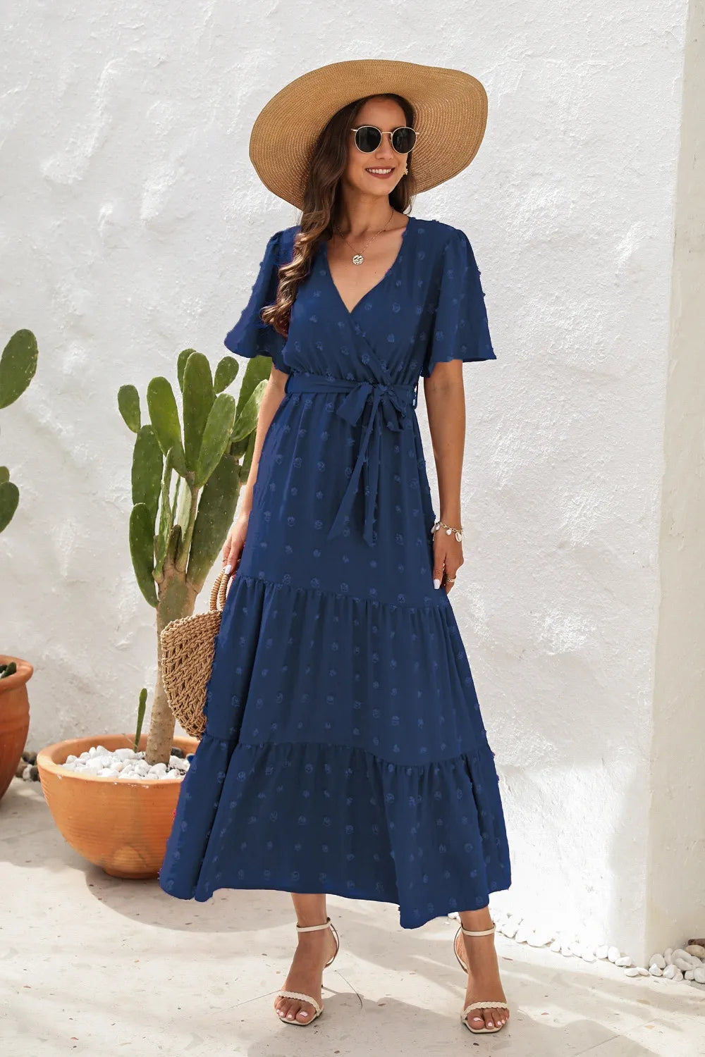 Swiss Dot Tied Surplice Short Sleeve Dress Dark Blue