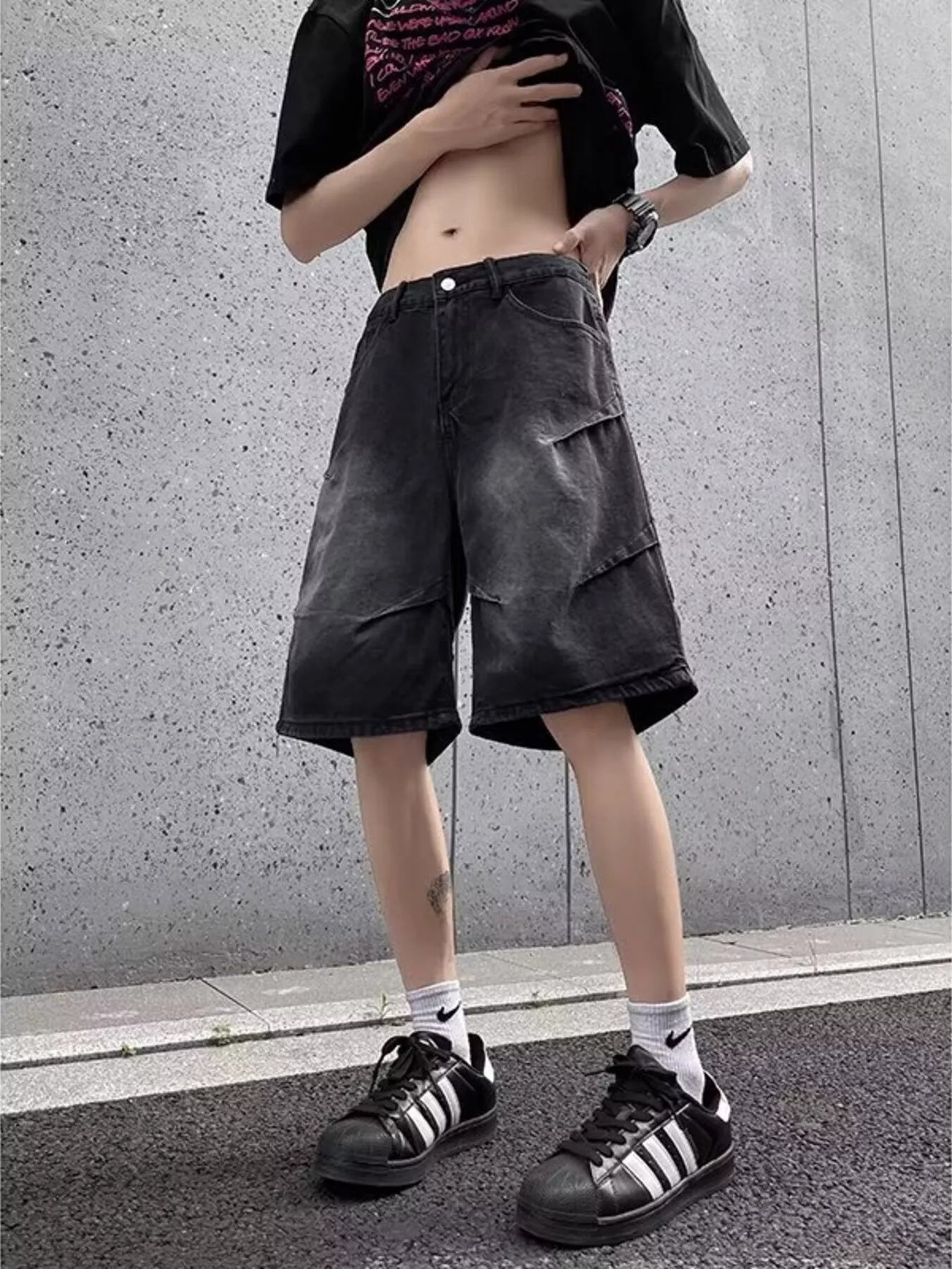 men's men's full size vintage wash wide-leg denim shorts plus size - extra view