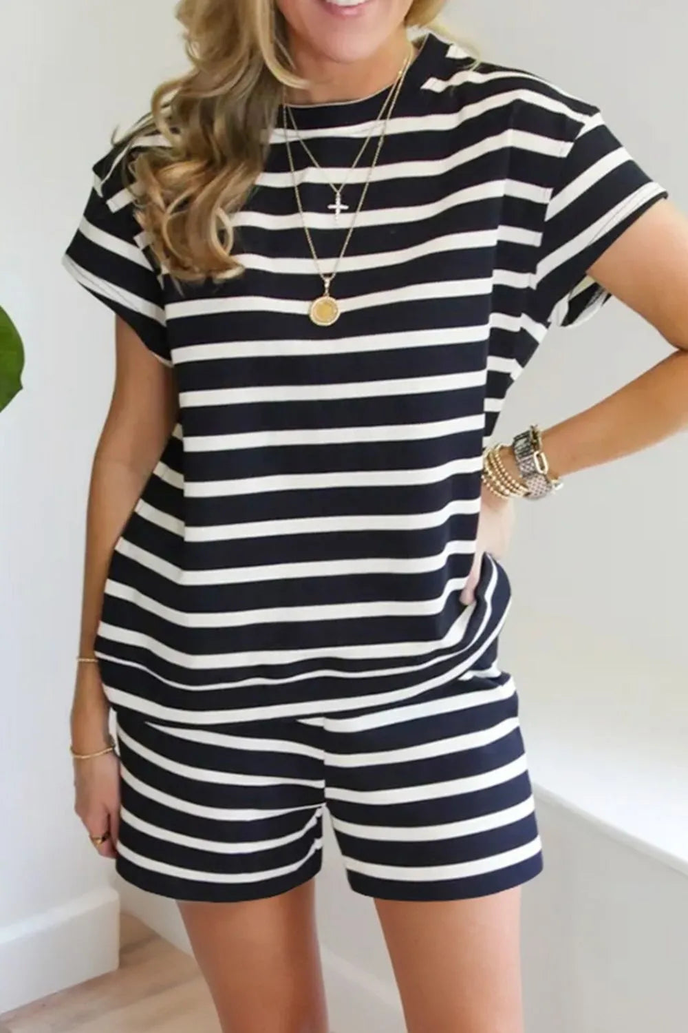 Striped Short Sleeve Top and Shorts Set Black