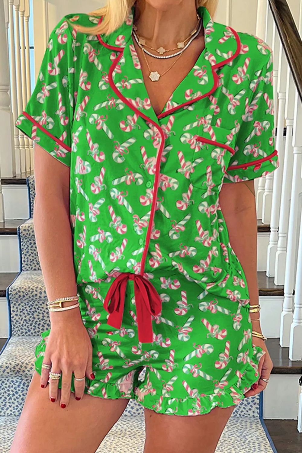 Candy Cane Collared Neck Top and Shorts Lounge Set Green