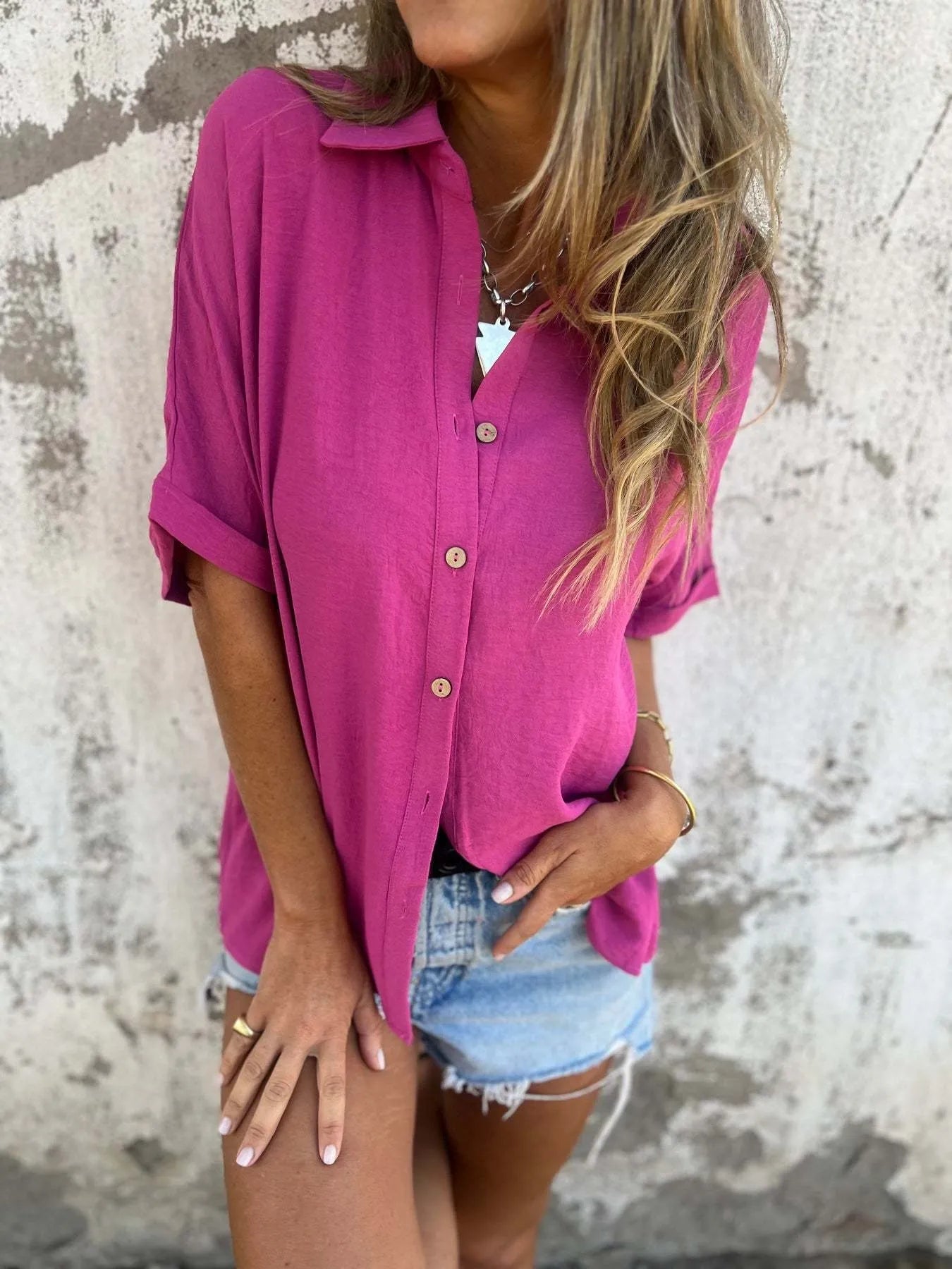 Full Size Casual Button Down Short Sleeve Loose Shirt Plus Size Rose Red