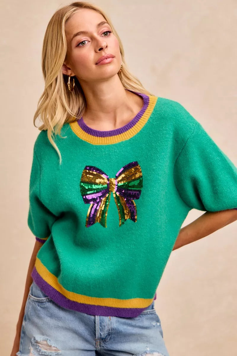 women's bibi mardi gras sequin ribbon patched sweater - lifestyle shot
