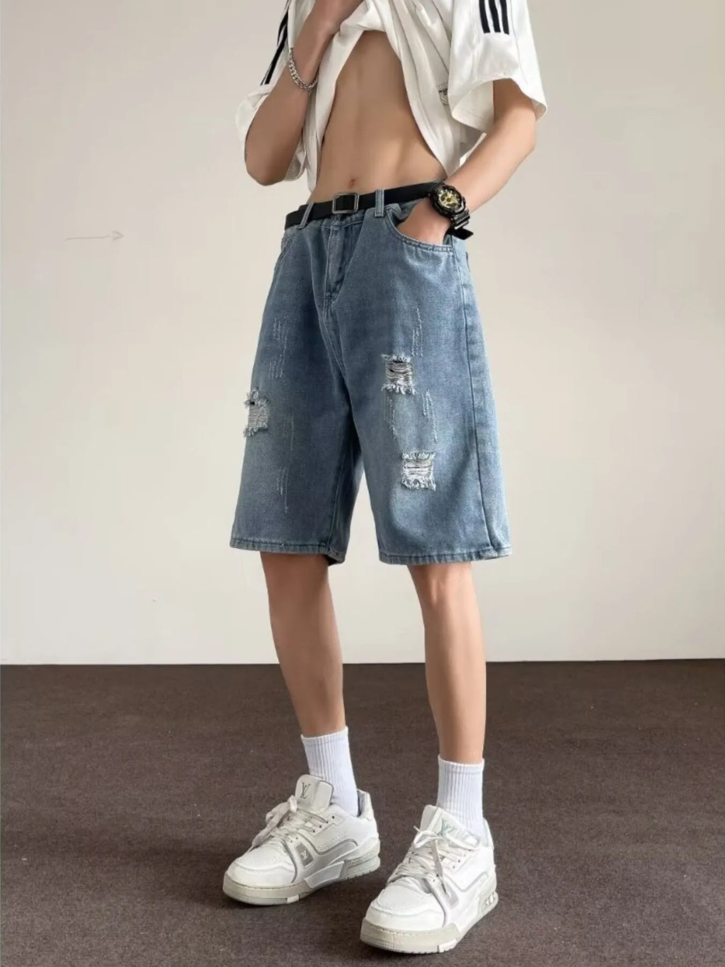 men's men's full size ripped casual loose fit denim shorts plus size - back view